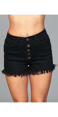 Fringed Black Button Up Shorts