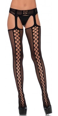 Dual Net Faux Lace Up Backseam Suspender Stockings