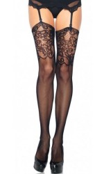 Black Fishnet Stockings with Lace Jacquard Top