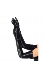 Black Wet Look Lycra Zipper Opera Gloves