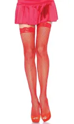 Fishnet Garter Stockings with Lace Top - Red