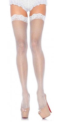 Fishnet Garter Stockings with Lace Top - White