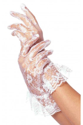 White Ruffled Lace Wrist Length Gloves