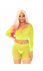 Bling Queen Neon Yellow Fishnet Crop Top Set