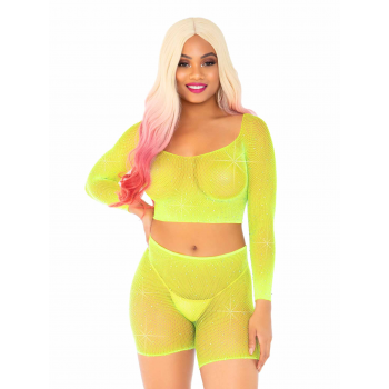 Bling Queen Neon Yellow Fishnet Crop Top Set