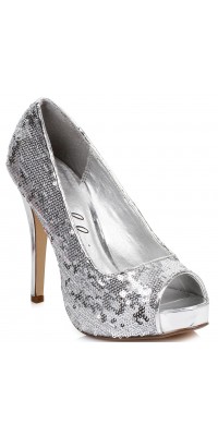 Silver Flamingo Sequin Peep Toe Pumps