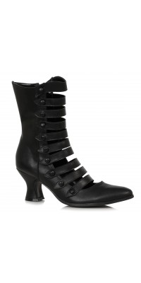 Victorian Open Front Low Heeled Ankle Boots - Black