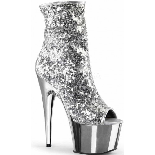Silver Sequin Adore Platform Ankle Boots 7 Inch Heel, Peep Toe, Chrome ...