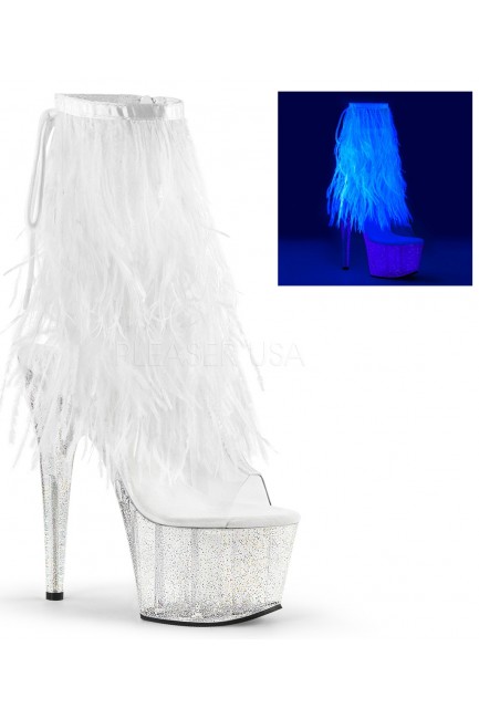 Neon White Marabou Trimmed Platform Ankle Boots