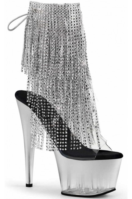 Silver Rhinestone Fringe 7 Inch Heel Ankle Boots