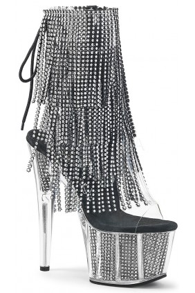 Rhinestone Fringed Black and Silver 7 Inch Heel Ankle Boots