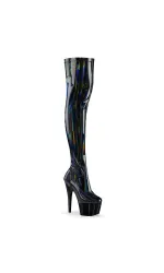 Adore Black Hologram Thigh High Faux Patent Leather Boots