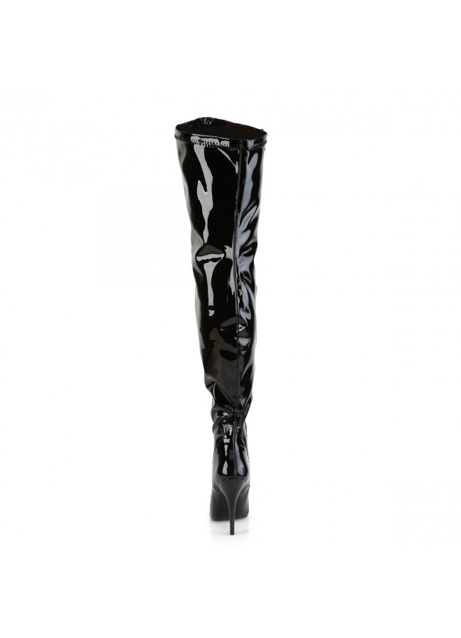 Seduce High Heel Thigh High Wide Calf Boots in Black Patent