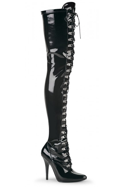 Seduce Black Patent Lace Up Thigh High Boots