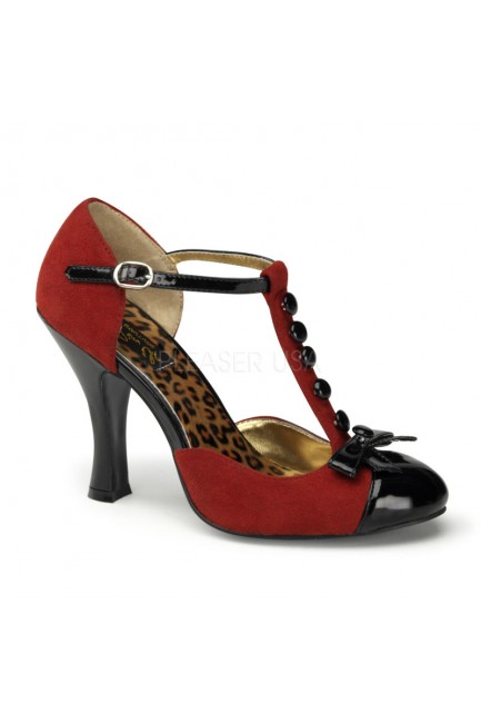 Button T-Strap Red Suede DOrsay Pump