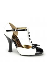 Button T-Strap White and Black Pump